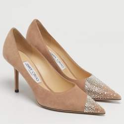 Pre Owned Jimmy Choo Beige Suede Crystal Embellish Love Pumps Size 37.5