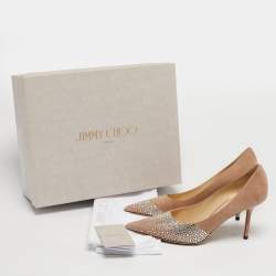 Pre Owned Jimmy Choo Beige Suede Crystal Embellish Love Pumps Size 37.5