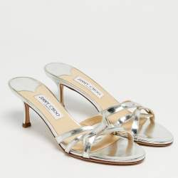 Pre Owned Jimmy Choo Silver Leather Kel Slide Sandals Size 39
