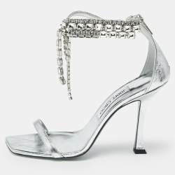 Pre Owned Jimmy Choo Silver Leather Crystal Embellished Verity Sandals Size 38