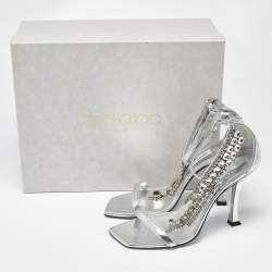 مملوكة مسبقًا Jimmy Choo Silver Leather Crystal Embellished Verity Sandals Size 38