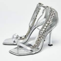 مملوكة مسبقًا Jimmy Choo Silver Leather Crystal Embellished Verity Sandals Size 38