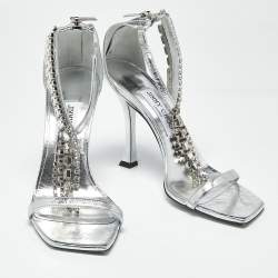 مملوكة مسبقًا Jimmy Choo Silver Leather Crystal Embellished Verity Sandals Size 38