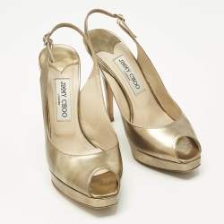 Pre Owned Jimmy Choo Gold Leather Nova Peep Toe Slingback Pumps Size 38