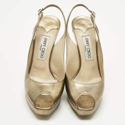 Pre Owned Jimmy Choo Gold Leather Nova Peep Toe Slingback Pumps Size 38