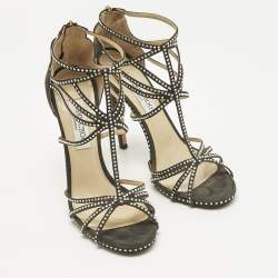 Pre Owned Jimmy Choo Green Suede Thistle Crystal Embellished Ankle Strap Sandals Size 40