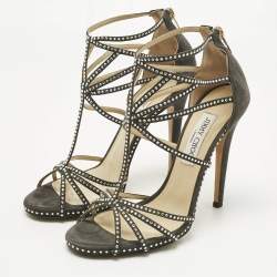 Pre Owned Jimmy Choo Green Suede Thistle Crystal Embellished Ankle Strap Sandals Size 40