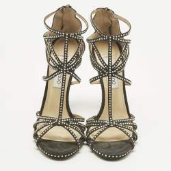 Pre Owned Jimmy Choo Green Suede Thistle Crystal Embellished Ankle Strap Sandals Size 40