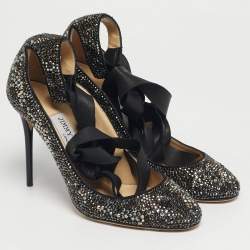 Pre Owned Jimmy Choo Black Crystals and Leather Rosana Pumps Size 36