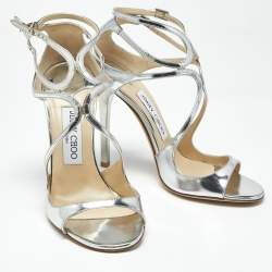 Pre Owned Jimmy Choo Silver Leather Azia Ankle Strap Sandals Size 36.5