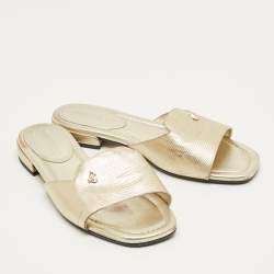 Pre Owned Jimmy Choo Gold Lizard Embossed Leather Dina Flat Slides Size 37