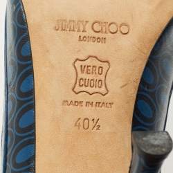 Pre Owned Jimmy Choo Blue Printed Leather and Patent Peep Toe Pumps Size 40.5