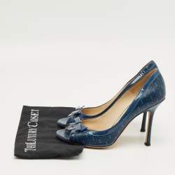 Pre Owned Jimmy Choo Blue Printed Leather and Patent Peep Toe Pumps Size 40.5