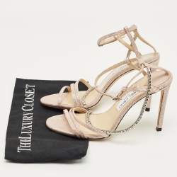 Pre Owned Jimmy Choo Pink Lurex Fabric Crystal Embellish Ankle Strap Sandals Size 38.5
