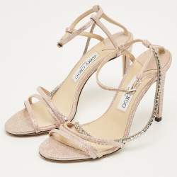 Pre Owned Jimmy Choo Pink Lurex Fabric Crystal Embellish Ankle Strap Sandals Size 38.5