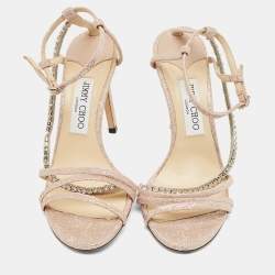 Pre Owned Jimmy Choo Pink Lurex Fabric Crystal Embellish Ankle Strap Sandals Size 38.5