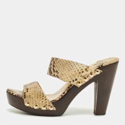 Pre Owned Jimmy Choo Beige/Brown Snakeskin Embossed Leather Wooden Platform Sandals Size 40