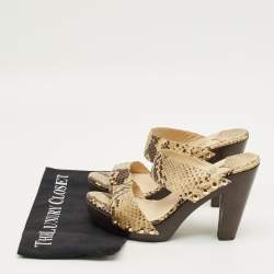 Pre Owned Jimmy Choo Beige/Brown Snakeskin Embossed Leather Wooden Platform Sandals Size 40
