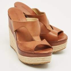 Pre Owned Jimmy Choo Brown Leather Platform Wedge Espadrille Sandals Size 36.5