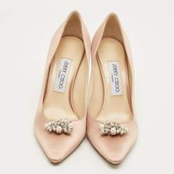 Pre Owned Jimmy Choo Gold Satin Crystal Embellish Manda Pumps Size 37.5