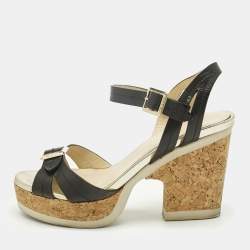 Pre Owned Jimmy Choo Black Leather Cork Ankle Strap Sandals Size 36