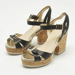 Pre Owned Jimmy Choo Black Leather Cork Ankle Strap Sandals Size 36