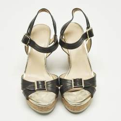 Pre Owned Jimmy Choo Black Leather Cork Ankle Strap Sandals Size 36