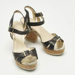 Pre Owned Jimmy Choo Black Leather Cork Ankle Strap Sandals Size 36
