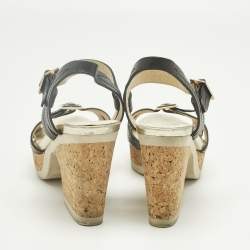 Pre Owned Jimmy Choo Black Leather Cork Ankle Strap Sandals Size 36