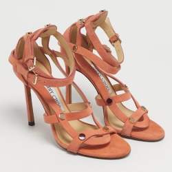 Pre Owned Jimmy Choo Orange Suede Studded Ankle Strap Sandals Size 36