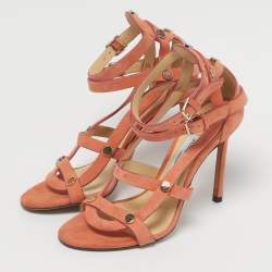 Pre Owned Jimmy Choo Orange Suede Studded Ankle Strap Sandals Size 36