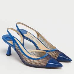 Pre Owned Jimmy Choo Blue Patent Leather And Mesh Fetto Slingback Pumps Size 40