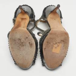 Pre Owned Jimmy Choo Metallic Silver Mesh And Leather Crystal Embellished Ankle Strap Sandals Size 38