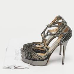 Pre Owned Jimmy Choo Metallic Silver Mesh And Leather Crystal Embellished Ankle Strap Sandals Size 38