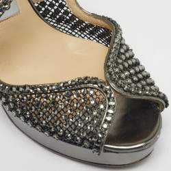 Pre Owned Jimmy Choo Metallic Silver Mesh And Leather Crystal Embellished Ankle Strap Sandals Size 38