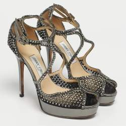 Pre Owned Jimmy Choo Metallic Silver Mesh And Leather Crystal Embellished Ankle Strap Sandals Size 38