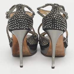 Pre Owned Jimmy Choo Metallic Silver Mesh And Leather Crystal Embellished Ankle Strap Sandals Size 38