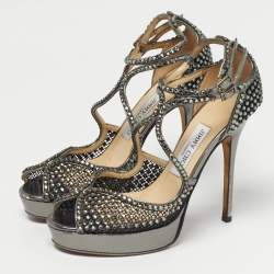 Pre Owned Jimmy Choo Metallic Silver Mesh And Leather Crystal Embellished Ankle Strap Sandals Size 38