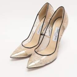 Pre Owned Jimmy Choo Beige/Gold Patent Leather and PVC Lace Pumps Size 39