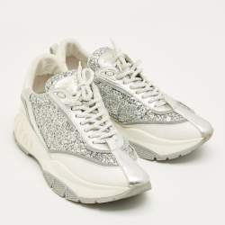 Pre Owned Jimmy Choo Silver Glitter and Leather Raine Lace Up Sneakers Size 41