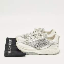 Pre Owned Jimmy Choo Silver Glitter and Leather Raine Lace Up Sneakers Size 41
