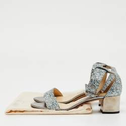 Pre Owned Jimmy Choo Metallic Silver Glitter Bitter Ankle Strap Sandals Size 36