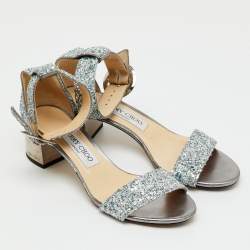Pre Owned Jimmy Choo Metallic Silver Glitter Bitter Ankle Strap Sandals Size 36
