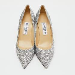 Pre Owned Jimmy Choo Silver Coarse Glitter Romy Pointed Toe Pumps Size 39