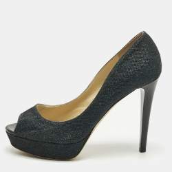 Pre Owned Jimmy Choo Navy Blue Glitter Luna Peep Toe Platform Pumps Size 40
