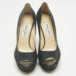 Pre Owned Jimmy Choo Navy Blue Glitter Luna Peep Toe Platform Pumps Size 40