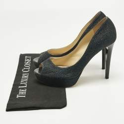 Pre Owned Jimmy Choo Navy Blue Glitter Luna Peep Toe Platform Pumps Size 40