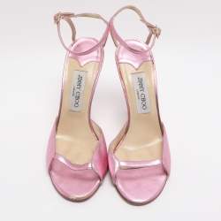 Pre Owned Jimmy Choo Metallic Pink Leather Ankle Strap Sandals Size 38.5