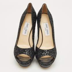 Pre Owned Jimmy Choo Black Glitter Luna Platform Open Toe Pumps Size 40