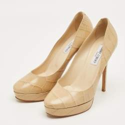 Pre Owned Jimmy Choo Beige Croc Embossed Leather Cosmic Platform Pumps Size 40